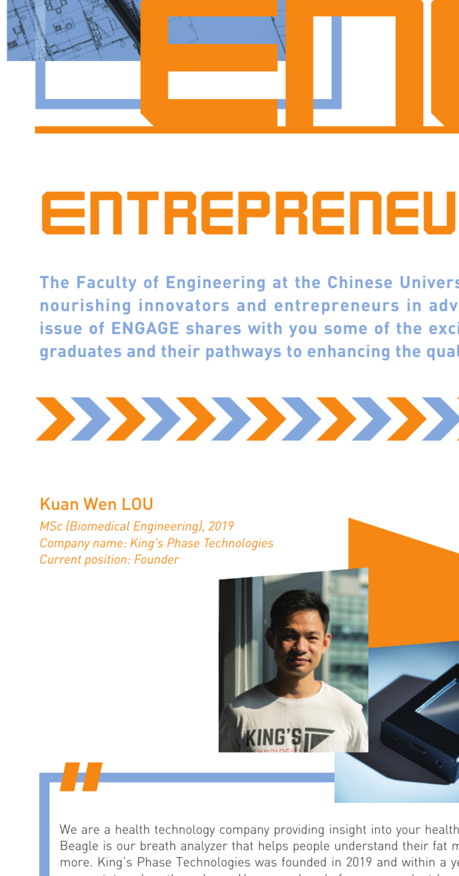 CUHK Engineering ENGAGE founder profile featuring Gavin Lou and the Beagle device